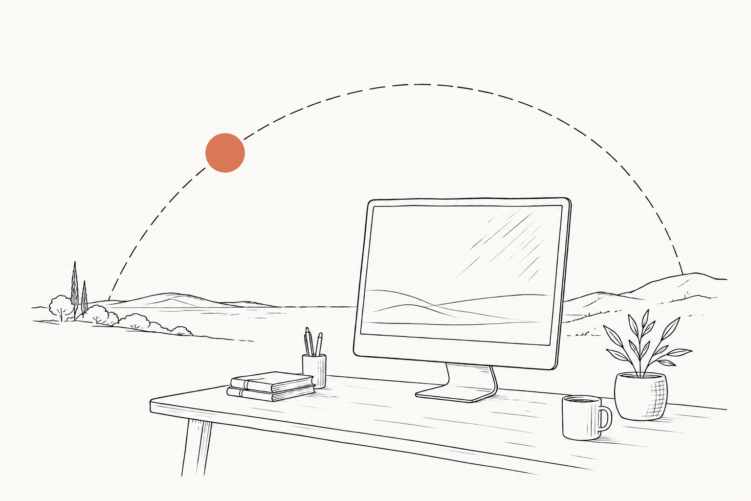 A hand-drawn desk and monitor beneath the arc of the local sun.